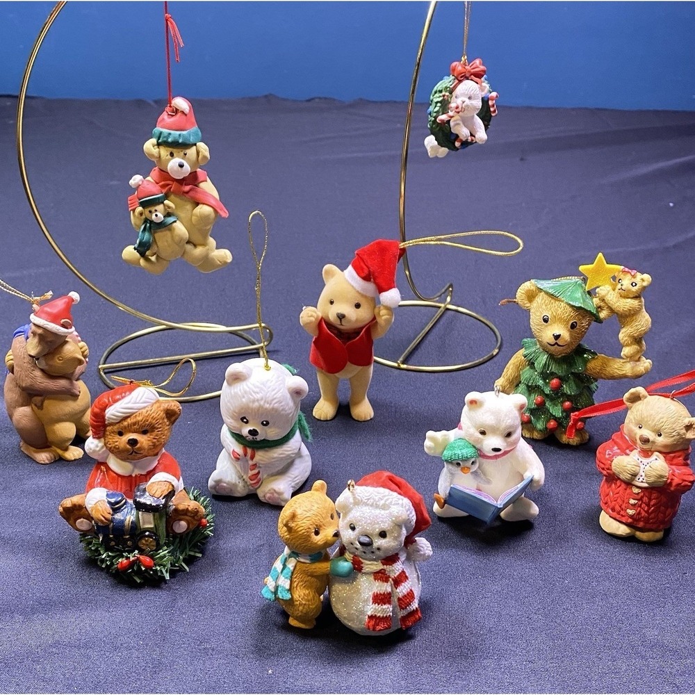 Collection Teddy Bear Ceramic Christmas Tree Hanging Ornaments Bundle Lot of 10